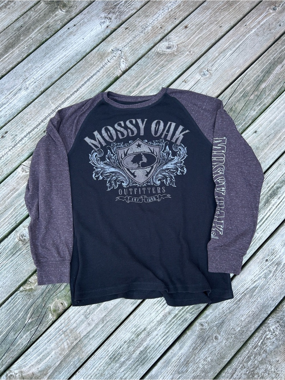 Mossy Oak Black Thermal Long Sleeve Graphic Black Brown Men's Shirt Size Large